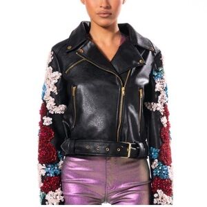 Embroidered Black Leather Jacket with Floral Accents